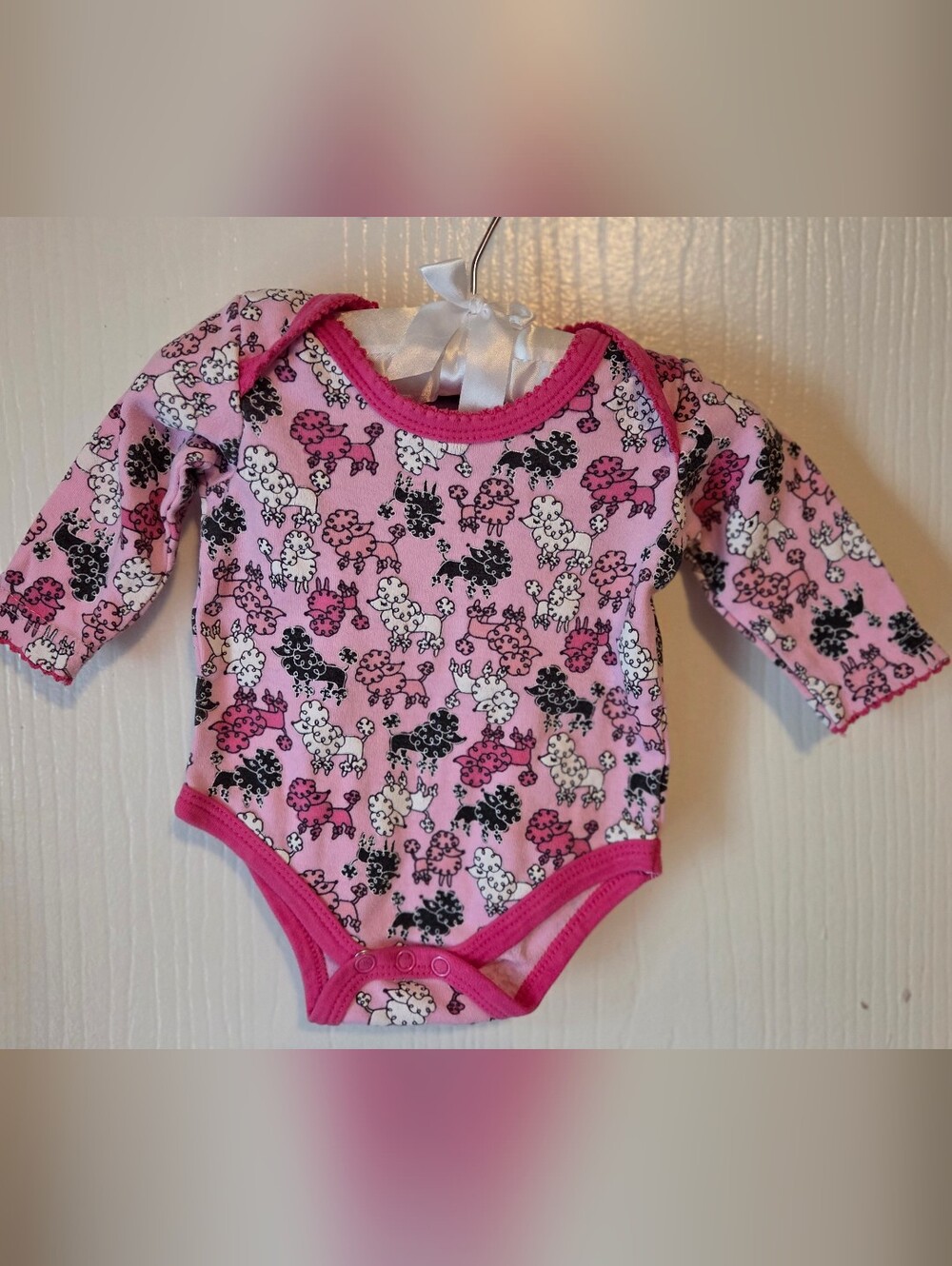 Vintage Pink Poodle Print Long-Sleeve Baby Bodysuit with Hot Pink Trim 0-3 Month